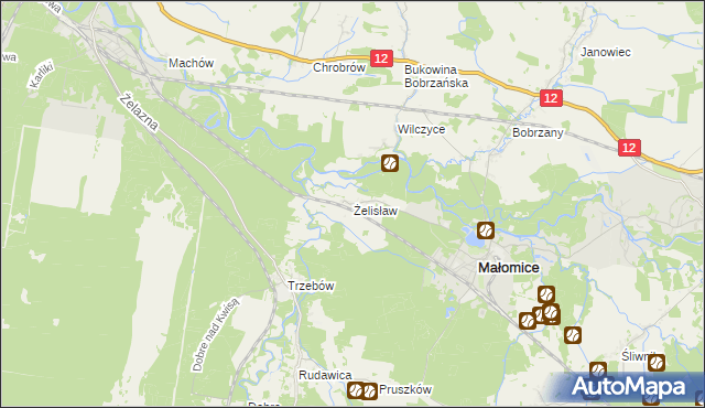 mapa Żelisław gmina Małomice, Żelisław gmina Małomice na mapie Targeo