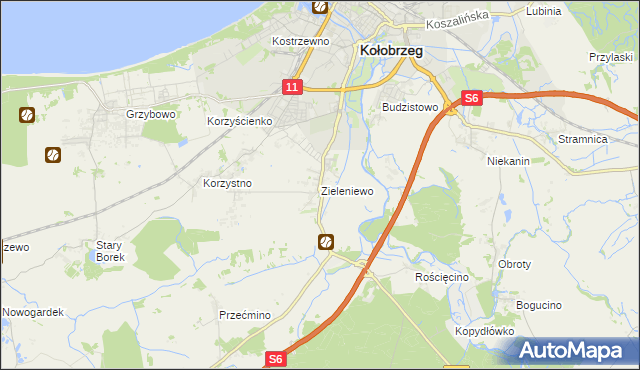 mapa Zieleniewo gmina Kołobrzeg, Zieleniewo gmina Kołobrzeg na mapie Targeo