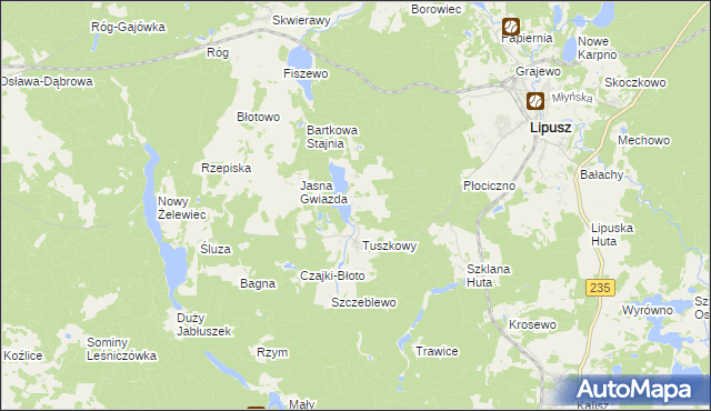 mapa Zielony Dwór gmina Lipusz, Zielony Dwór gmina Lipusz na mapie Targeo