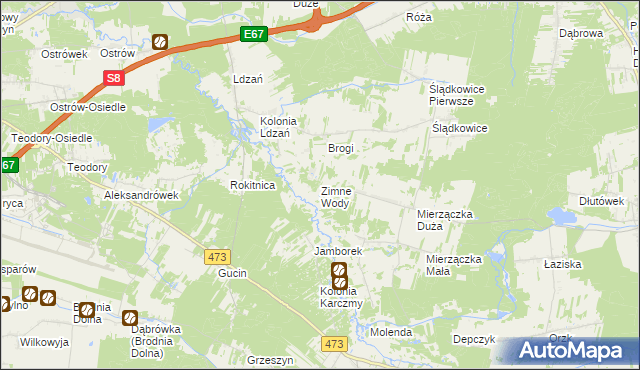 mapa Zimne Wody gmina Dobroń, Zimne Wody gmina Dobroń na mapie Targeo