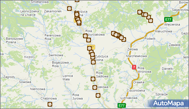 mapa Zubrzyca Dolna, Zubrzyca Dolna na mapie Targeo