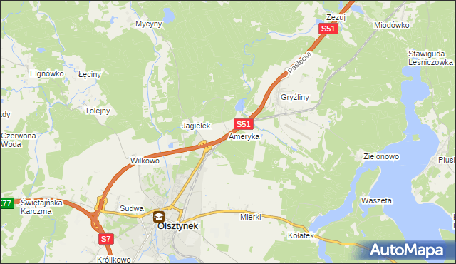 mapa Ameryka gmina Olsztynek, Ameryka gmina Olsztynek na mapie Targeo