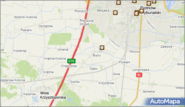 mapa Bujny gmina Wola Krzysztoporska, Bujny gmina Wola Krzysztoporska na mapie Targeo