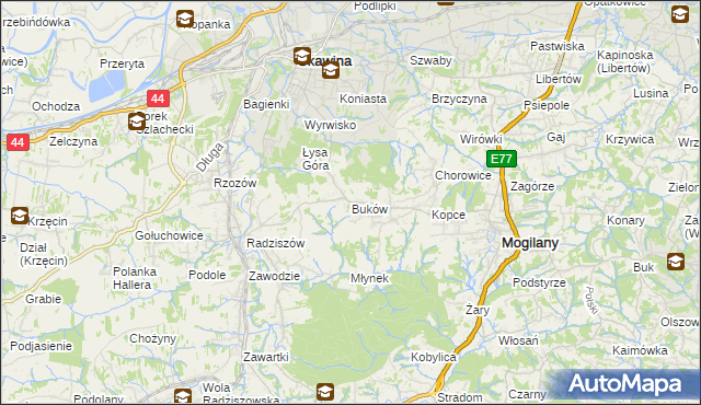 mapa Buków gmina Mogilany, Buków gmina Mogilany na mapie Targeo