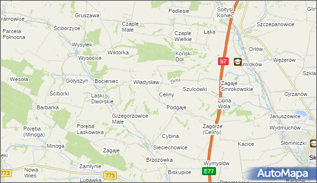 mapa Celiny gmina Iwanowice, Celiny gmina Iwanowice na mapie Targeo