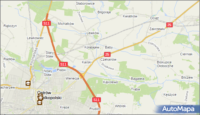 mapa Czekanów gmina Ostrów Wielkopolski, Czekanów gmina Ostrów Wielkopolski na mapie Targeo