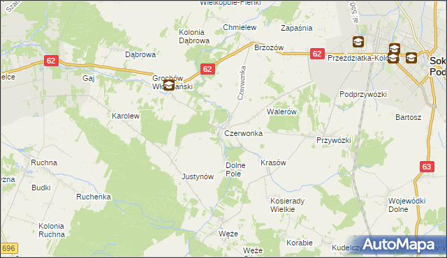 mapa Czerwonka gmina Sokołów Podlaski, Czerwonka gmina Sokołów Podlaski na mapie Targeo