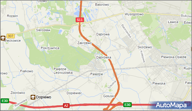 mapa Dąbrówka gmina Dopiewo, Dąbrówka gmina Dopiewo na mapie Targeo