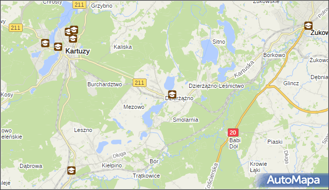 mapa Dzierżążno gmina Kartuzy, Dzierżążno gmina Kartuzy na mapie Targeo