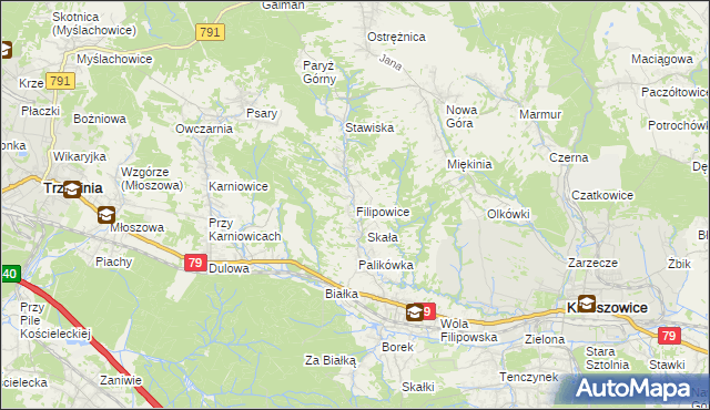 mapa Filipowice gmina Krzeszowice, Filipowice gmina Krzeszowice na mapie Targeo