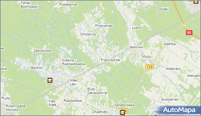 mapa Franciszków gmina Wiskitki, Franciszków gmina Wiskitki na mapie Targeo