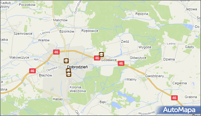 mapa Gosławice gmina Dobrodzień, Gosławice gmina Dobrodzień na mapie Targeo