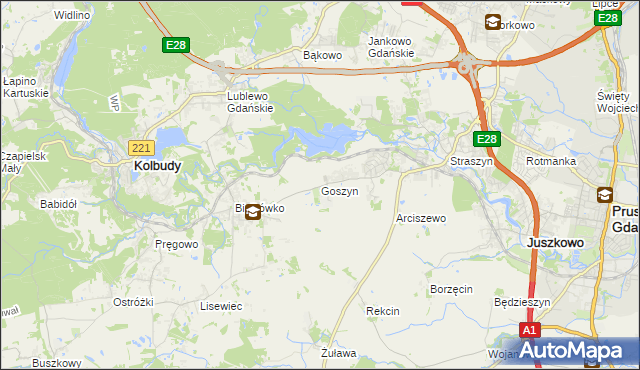 mapa Goszyn gmina Pruszcz Gdański, Goszyn gmina Pruszcz Gdański na mapie Targeo