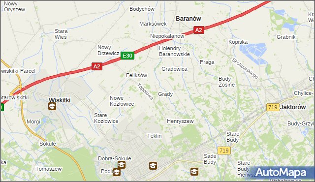 mapa Grądy gmina Jaktorów, Grądy gmina Jaktorów na mapie Targeo