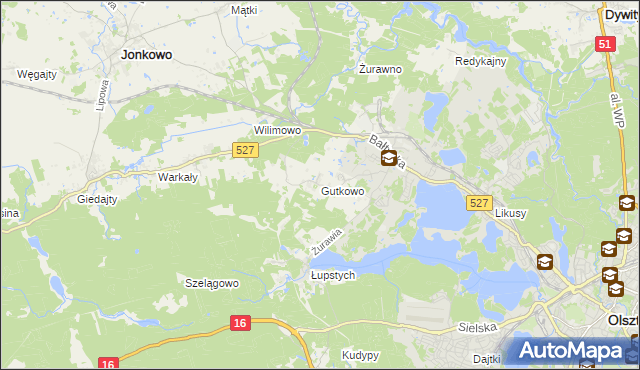 mapa Gutkowo gmina Jonkowo, Gutkowo gmina Jonkowo na mapie Targeo