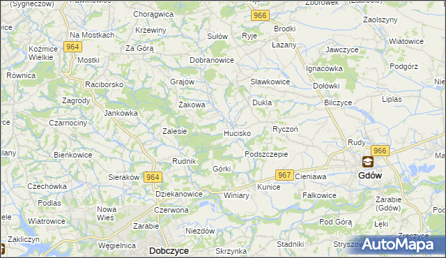 mapa Hucisko gmina Gdów, Hucisko gmina Gdów na mapie Targeo