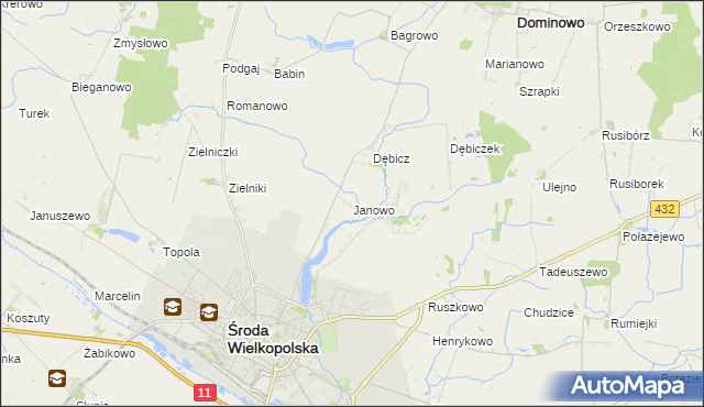 mapa Janowo gmina Środa Wielkopolska, Janowo gmina Środa Wielkopolska na mapie Targeo
