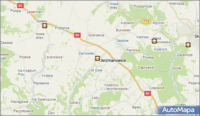 mapa Jerzmanowice gmina Jerzmanowice-Przeginia, Jerzmanowice gmina Jerzmanowice-Przeginia na mapie Targeo