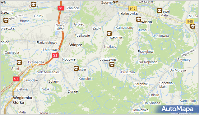 mapa Juszczyna, Juszczyna na mapie Targeo
