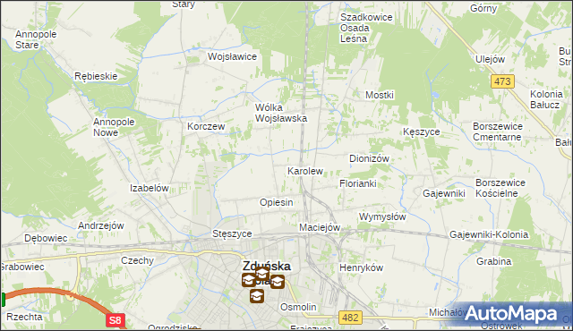 mapa Karolew gmina Zduńska Wola, Karolew gmina Zduńska Wola na mapie Targeo