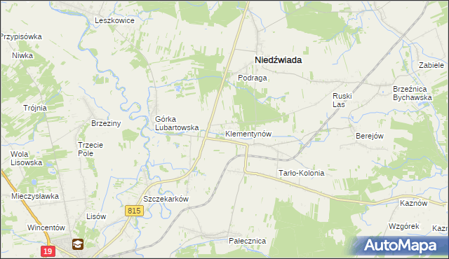 mapa Klementynów gmina Niedźwiada, Klementynów gmina Niedźwiada na mapie Targeo