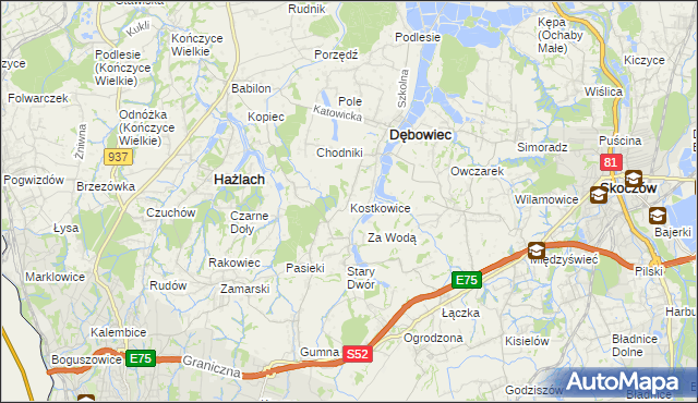 mapa Kostkowice gmina Dębowiec, Kostkowice gmina Dębowiec na mapie Targeo