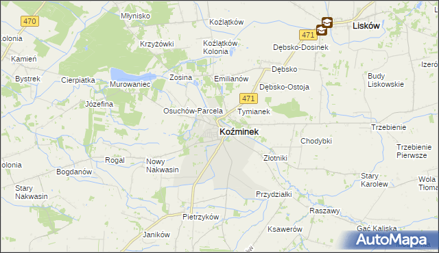 mapa Koźminek powiat kaliski, Koźminek powiat kaliski na mapie Targeo