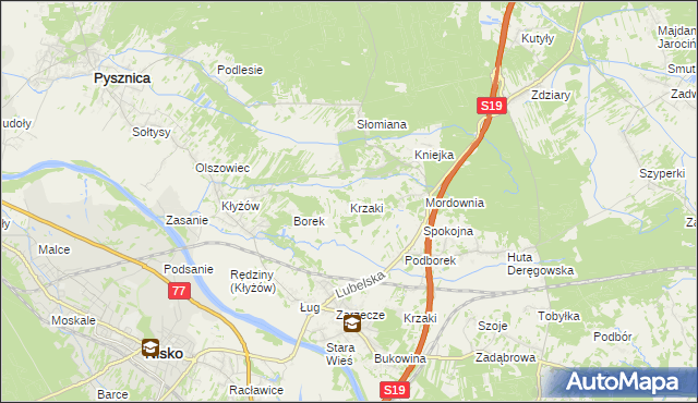 mapa Krzaki gmina Pysznica, Krzaki gmina Pysznica na mapie Targeo