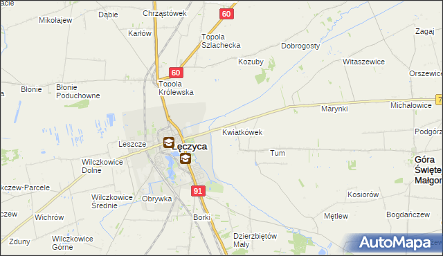 mapa Kwiatkówek gmina Góra Świętej Małgorzaty, Kwiatkówek gmina Góra Świętej Małgorzaty na mapie Targeo