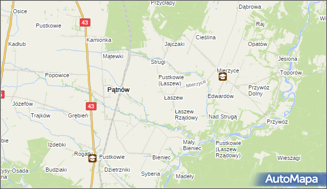 mapa Łaszew gmina Wierzchlas, Łaszew gmina Wierzchlas na mapie Targeo