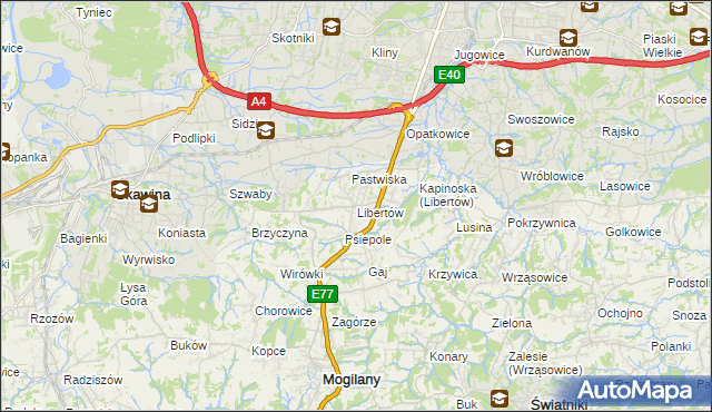 mapa Libertów gmina Mogilany, Libertów gmina Mogilany na mapie Targeo