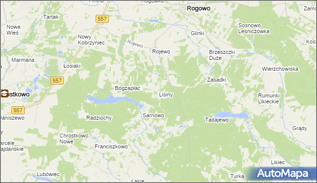 mapa Lisiny gmina Rogowo, Lisiny gmina Rogowo na mapie Targeo