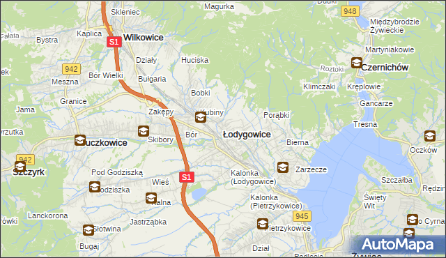 mapa Łodygowice powiat żywiecki, Łodygowice powiat żywiecki na mapie Targeo