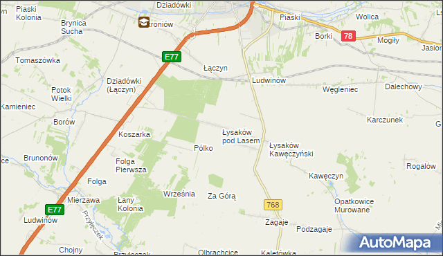 mapa Łysaków pod Lasem, Łysaków pod Lasem na mapie Targeo