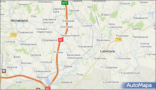 mapa Maciejowice gmina Kocmyrzów-Luborzyca, Maciejowice gmina Kocmyrzów-Luborzyca na mapie Targeo