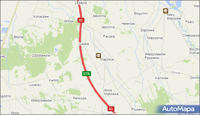 mapa Mąkolice gmina Głowno, Mąkolice gmina Głowno na mapie Targeo