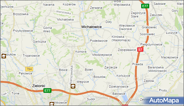mapa Młodziejowice gmina Michałowice, Młodziejowice gmina Michałowice na mapie Targeo