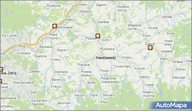 mapa Niedźwiedź powiat limanowski, Niedźwiedź powiat limanowski na mapie Targeo