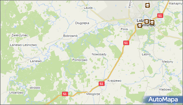 mapa Nowosady gmina Lidzbark Warmiński, Nowosady gmina Lidzbark Warmiński na mapie Targeo