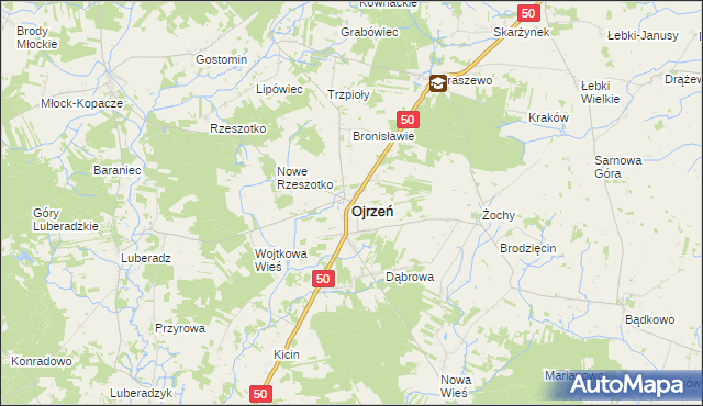 mapa Ojrzeń powiat ciechanowski, Ojrzeń powiat ciechanowski na mapie Targeo