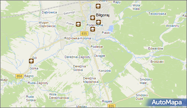 mapa Okrągłe gmina Biłgoraj, Okrągłe gmina Biłgoraj na mapie Targeo