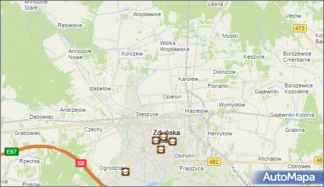 mapa Opiesin gmina Zduńska Wola, Opiesin gmina Zduńska Wola na mapie Targeo