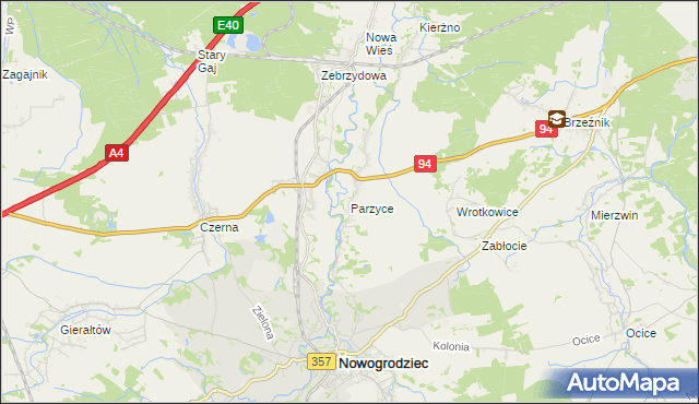 mapa Parzyce gmina Nowogrodziec, Parzyce gmina Nowogrodziec na mapie Targeo
