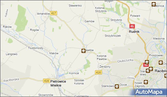 mapa Pawłów gmina Pietrowice Wielkie, Pawłów gmina Pietrowice Wielkie na mapie Targeo