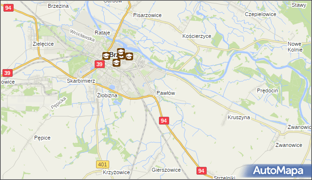 mapa Pawłów gmina Skarbimierz, Pawłów gmina Skarbimierz na mapie Targeo