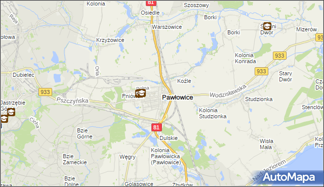 mapa Pawłowice powiat pszczyński, Pawłowice powiat pszczyński na mapie Targeo