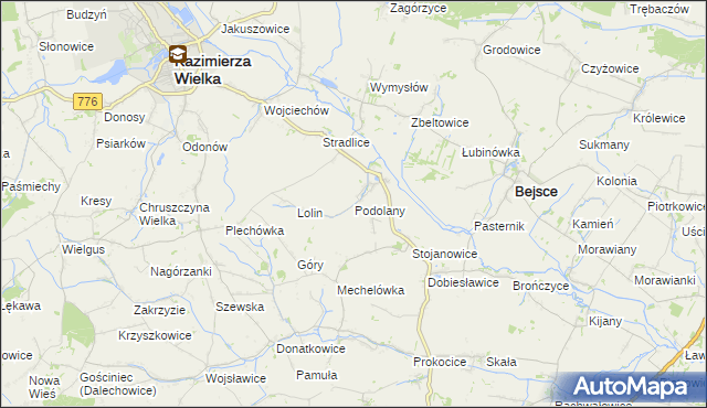 mapa Podolany gmina Kazimierza Wielka, Podolany gmina Kazimierza Wielka na mapie Targeo