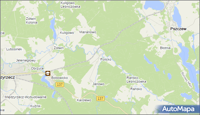 mapa Policko gmina Pszczew, Policko gmina Pszczew na mapie Targeo
