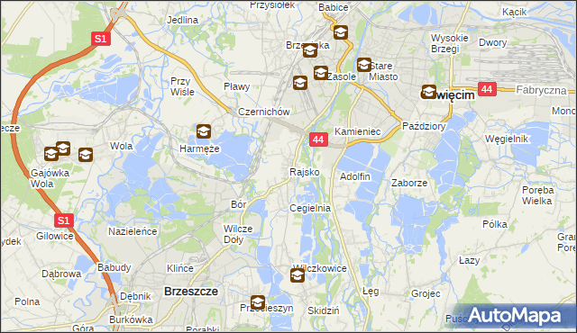 mapa Rajsko gmina Oświęcim, Rajsko gmina Oświęcim na mapie Targeo
