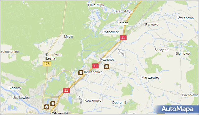 mapa Rożnowo gmina Oborniki, Rożnowo gmina Oborniki na mapie Targeo